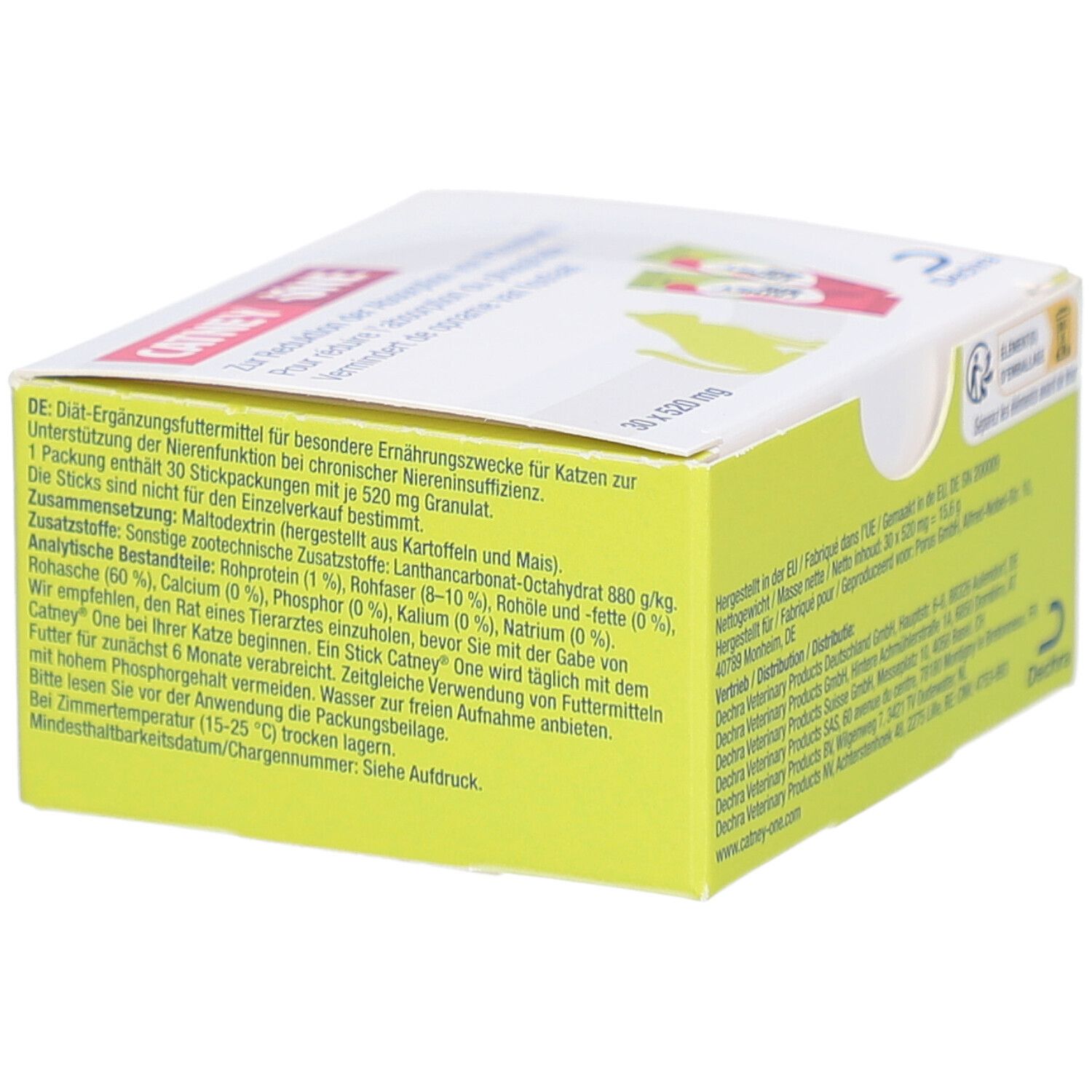 Gelb-weiße Schachtel. Text: CATNEY ONE. Text auf Deutsch. Herstellerinformationen. Aufschrift: 30 x 520 mg.