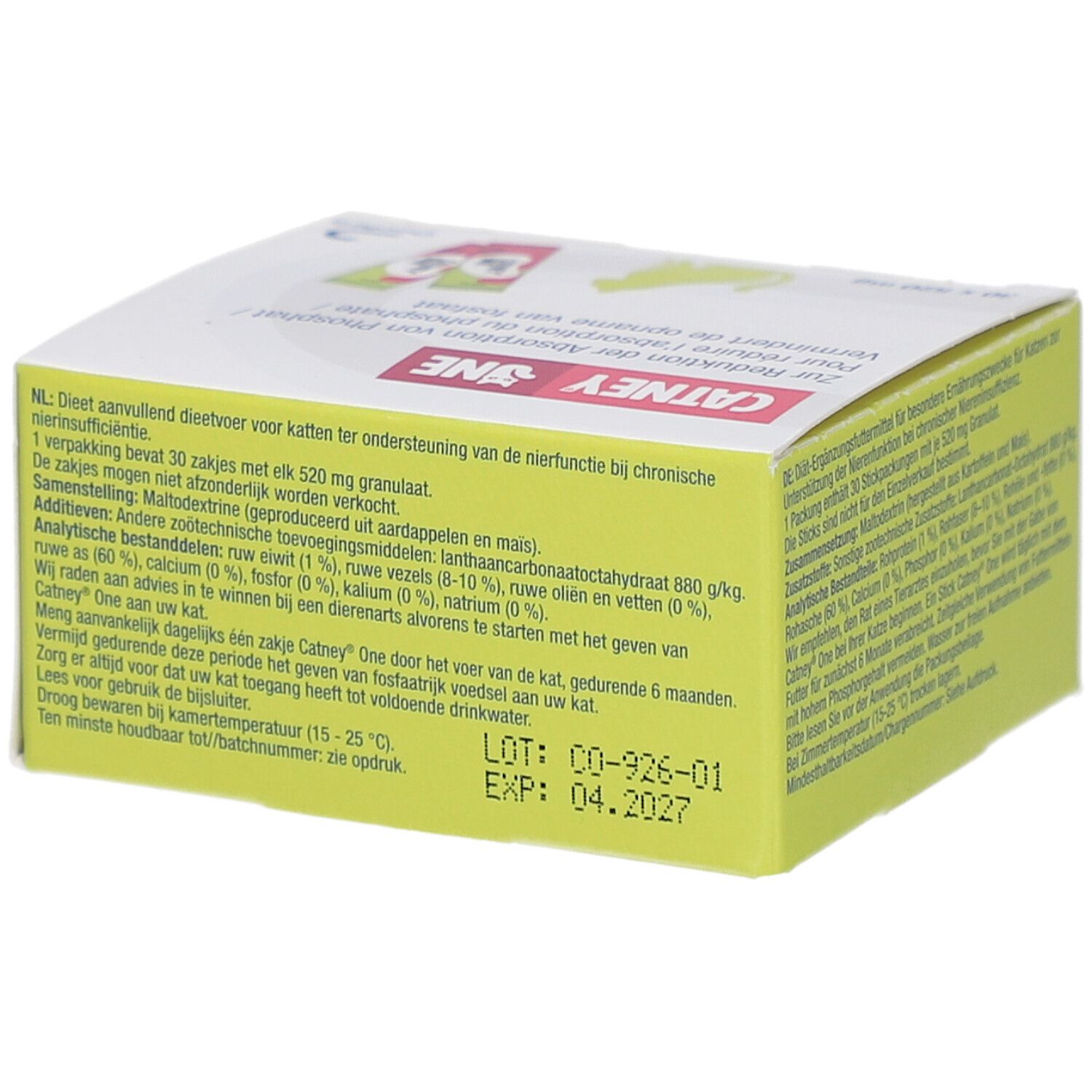 Gelb-weiße Schachtel. Text: CATNEY ONE. Text auf Niederländisch. Aufschrift: 30 x 520 mg. Lot- und Verfallsdatum.