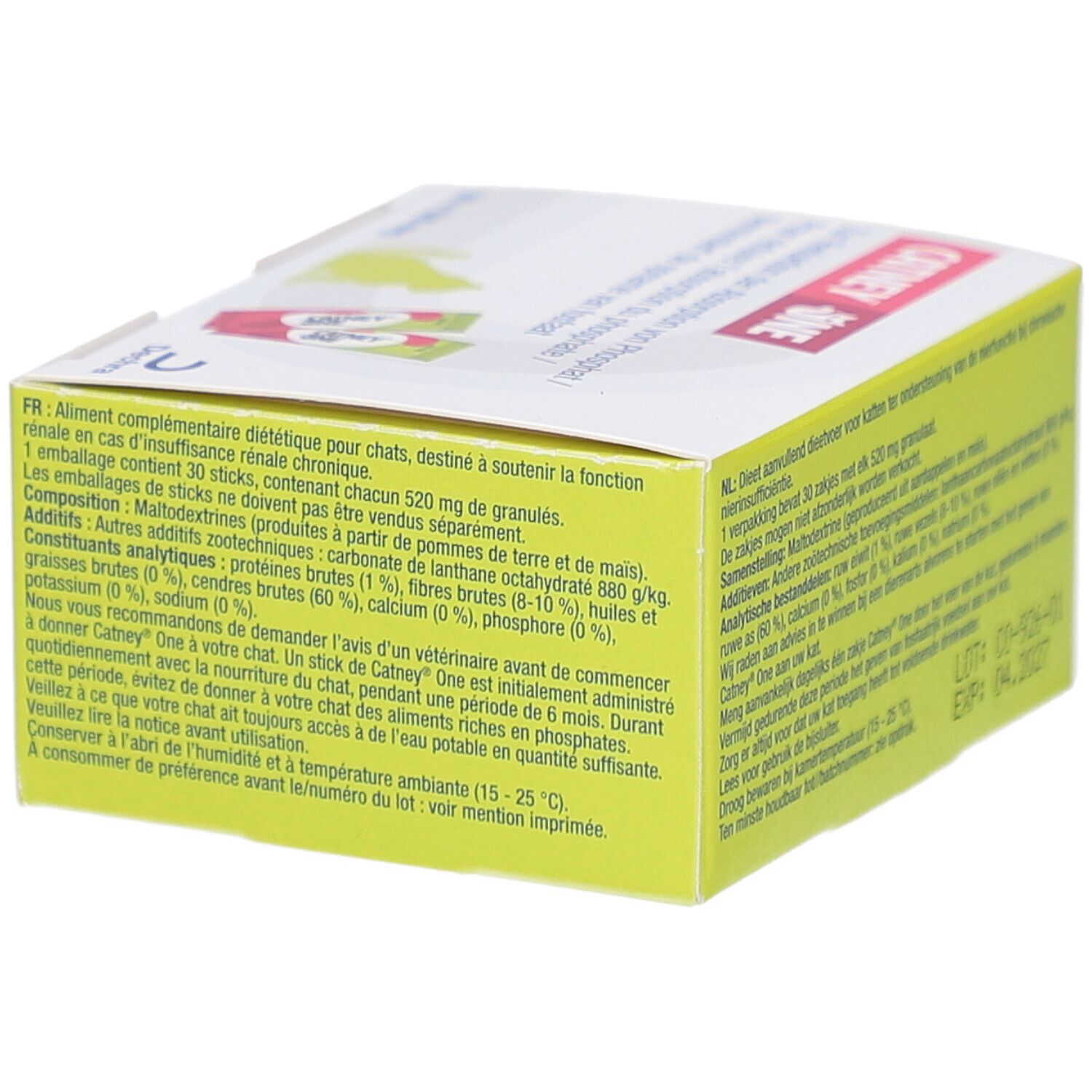 Gelb-weiße Schachtel. Text: CATNEY ONE. Text auf Französisch. Aufschrift: 30 x 520 mg. Herstellerinformationen.