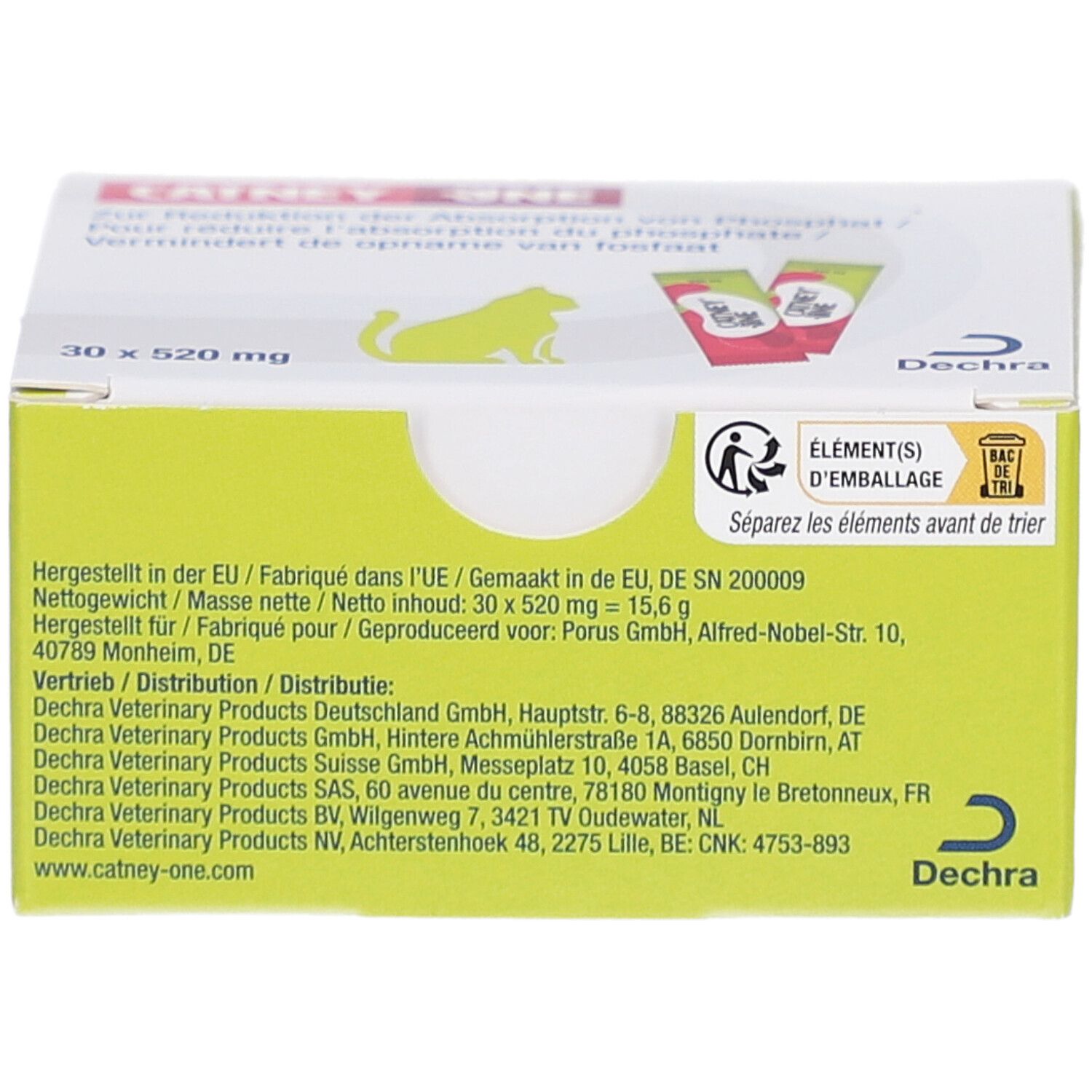 Gelb-weiße Schachtel. Aufschrift: 30 x 520 mg. Logo: Katze. Text: CATNEY ONE. Herstellerinformationen und Recycling-Symbol.