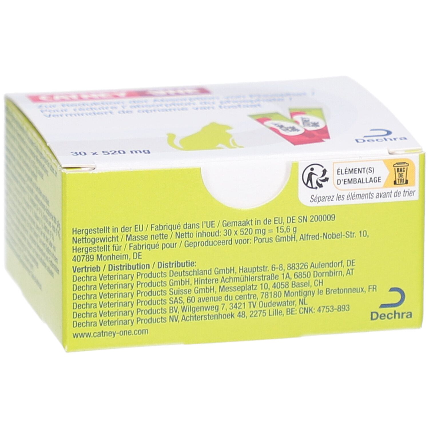 Gelb-weiße Schachtel. Aufschrift: 30 x 520 mg. Logo: Katze. Text: CATNEY ONE. Herstellerinformationen und Recycling-Symbol.