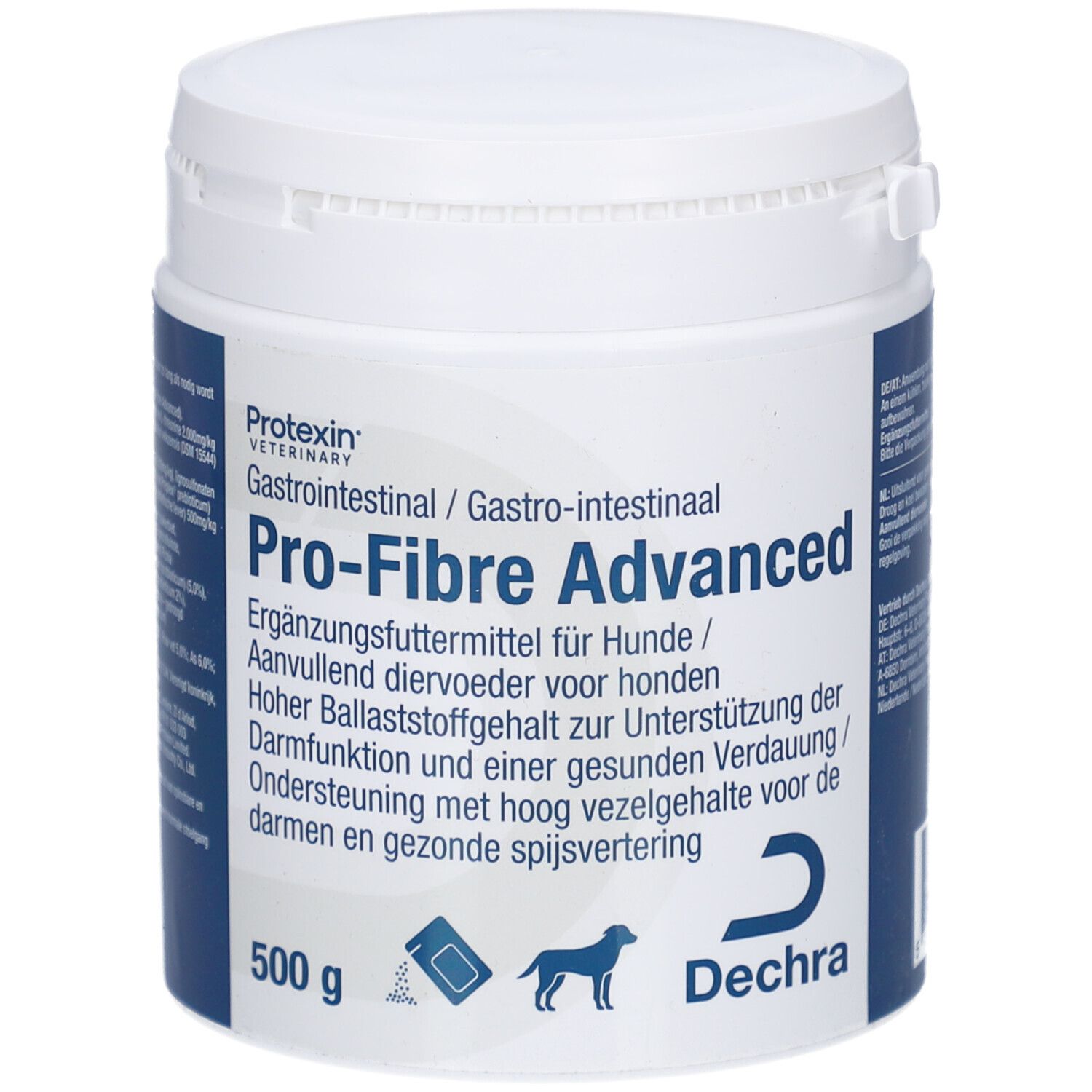 Weißer Behälter mit blauem Etikett. Aufschrift: Pro-Fibre Advanced, 500 g, Dechra. Ergänzungsfuttermittel für Hunde.