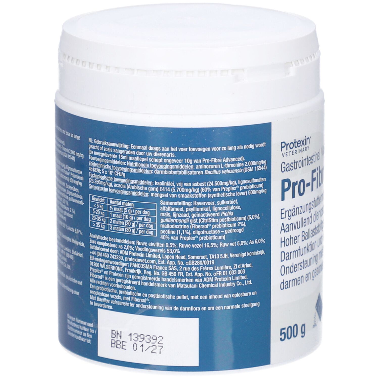 Rückseite des weißen Behälters. Text in Deutsch und Niederländisch. Enthält Informationen zu Inhaltsstoffen und Nährwerten.