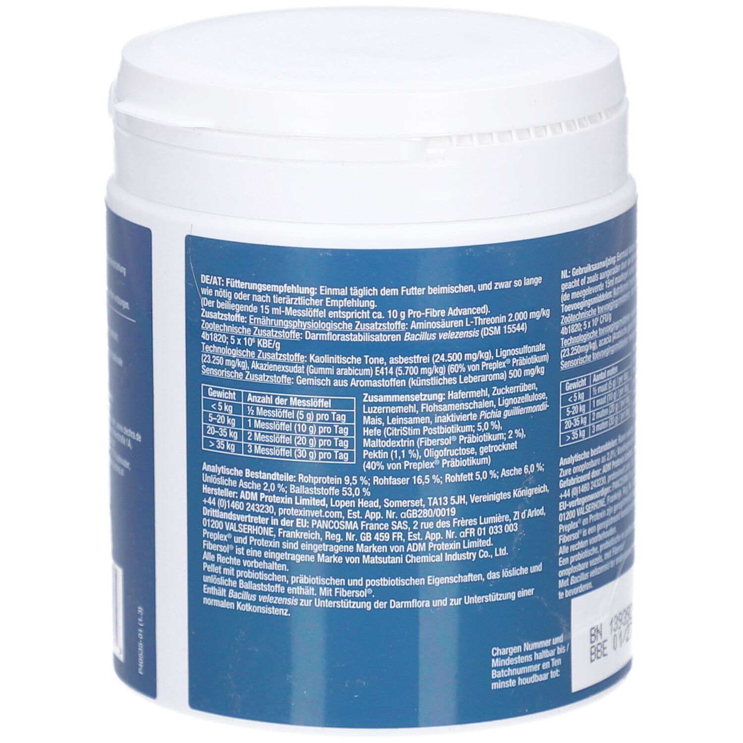 Rückseite des weißen Behälters. Text in Deutsch und Niederländisch. Enthält Informationen zu Inhaltsstoffen und Fütterungsempfehlung.