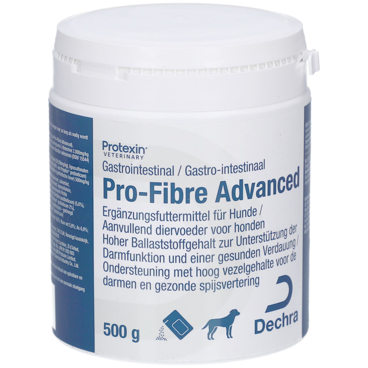 Weißer Behälter mit blauem Etikett. Aufschrift: Pro-Fibre Advanced, 500 g, Dechra. Ergänzungsfuttermittel für Hunde.