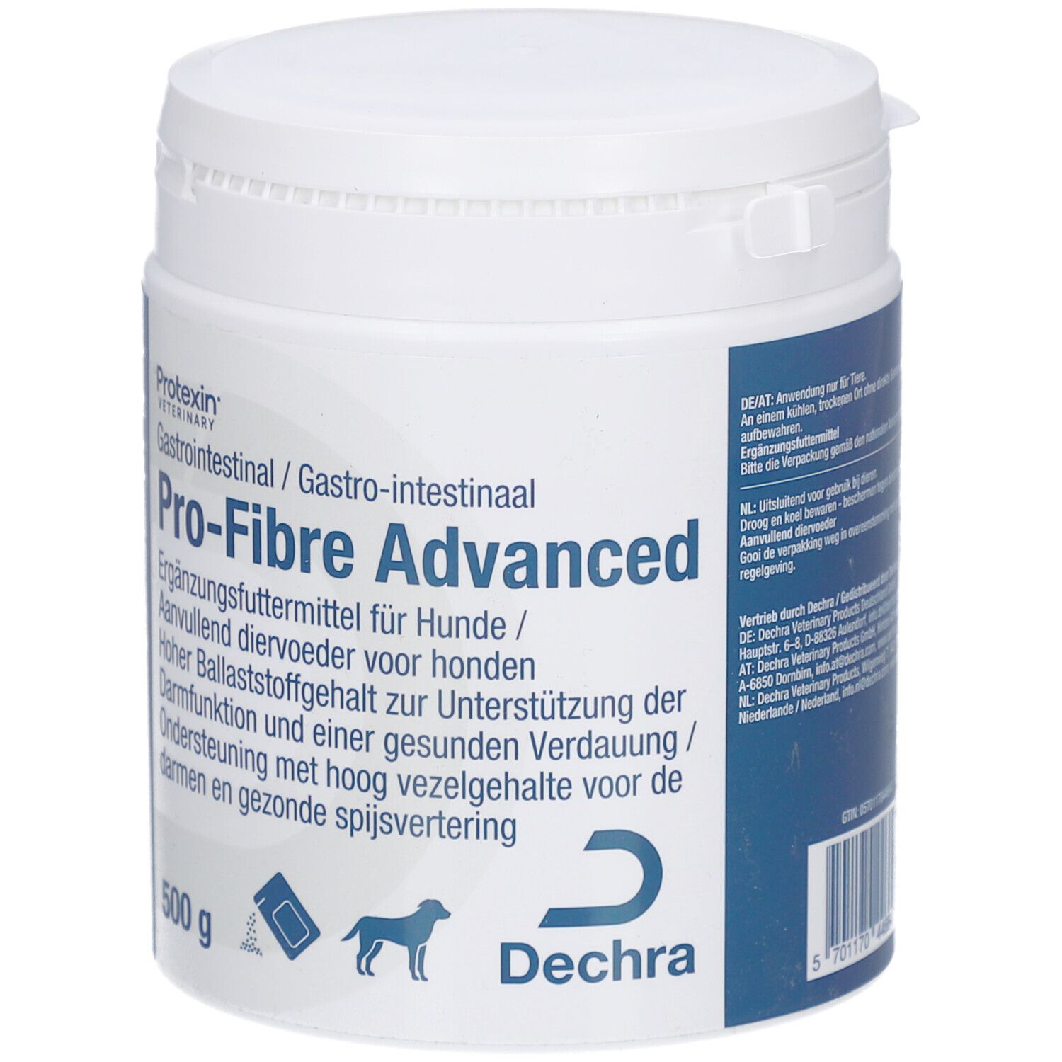 Weißer Behälter mit blauem Etikett. Aufschrift: Pro-Fibre Advanced, 500 g, Dechra. Ergänzungsfuttermittel für Hunde.