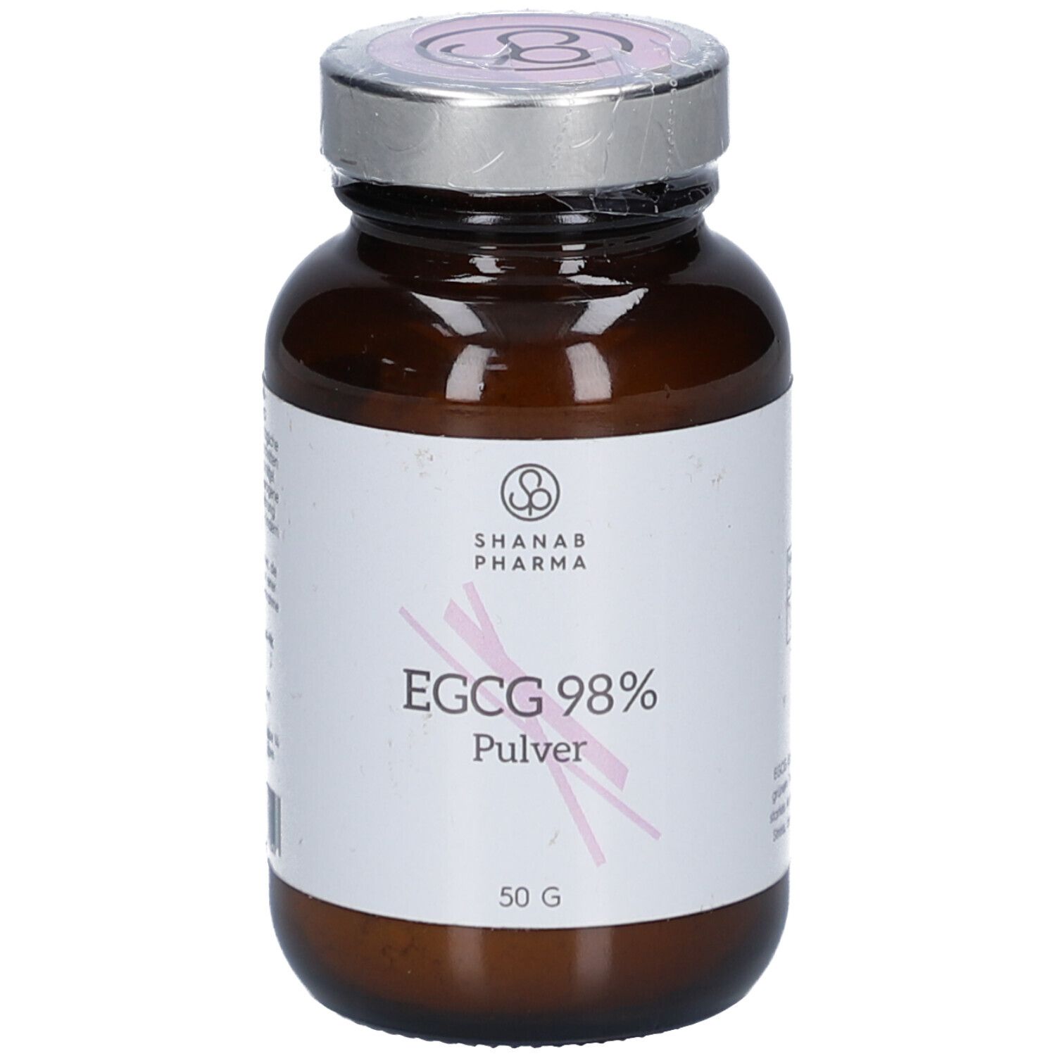 Braune Glasflasche mit silbernem Deckel. Aufschrift: EGCG 98% Pulver, 50 g. Logo: Shanab Pharma.