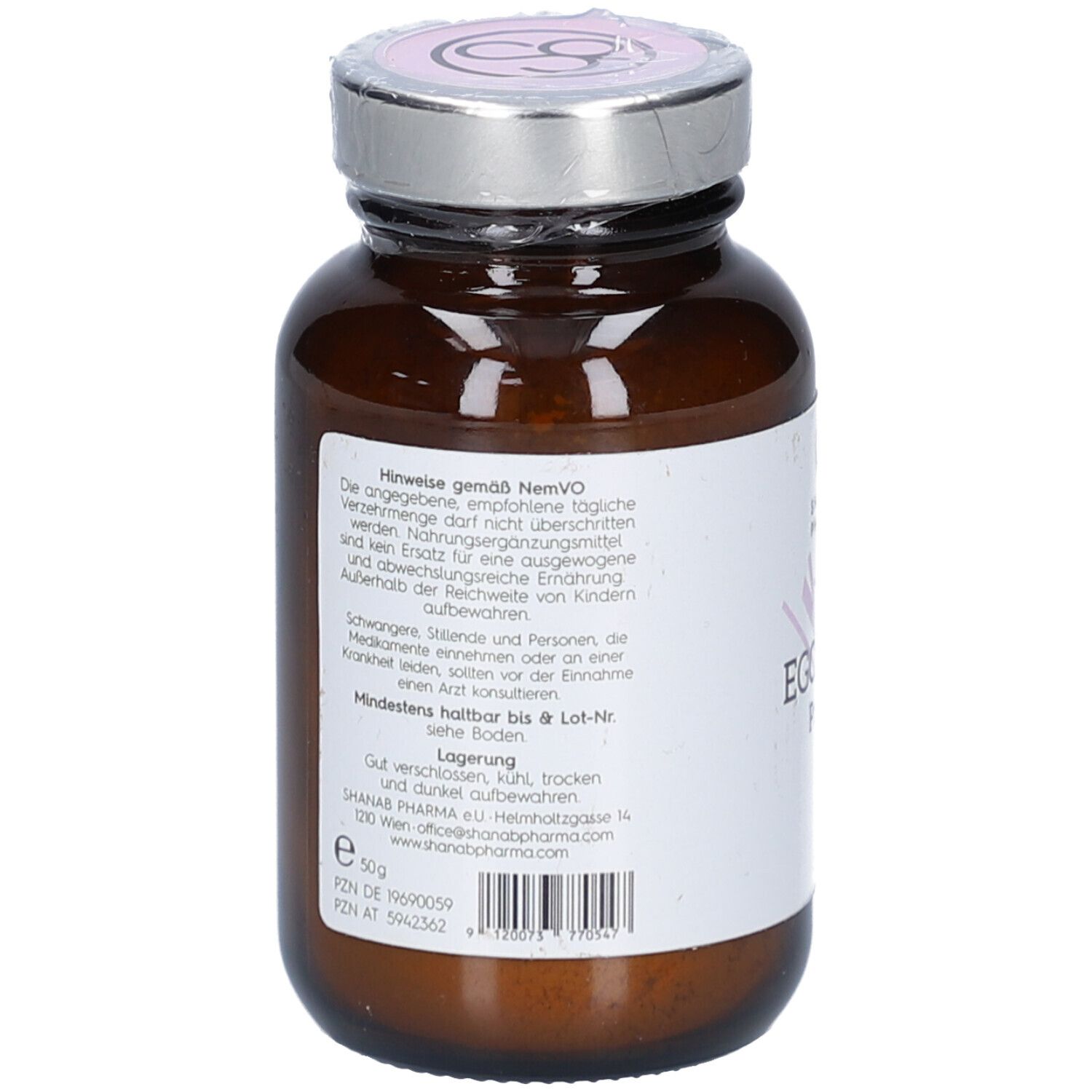 Braune Glasflasche mit silbernem Deckel. Rückseite mit Text und Logo: Shanab Pharma. Enthält Informationen.