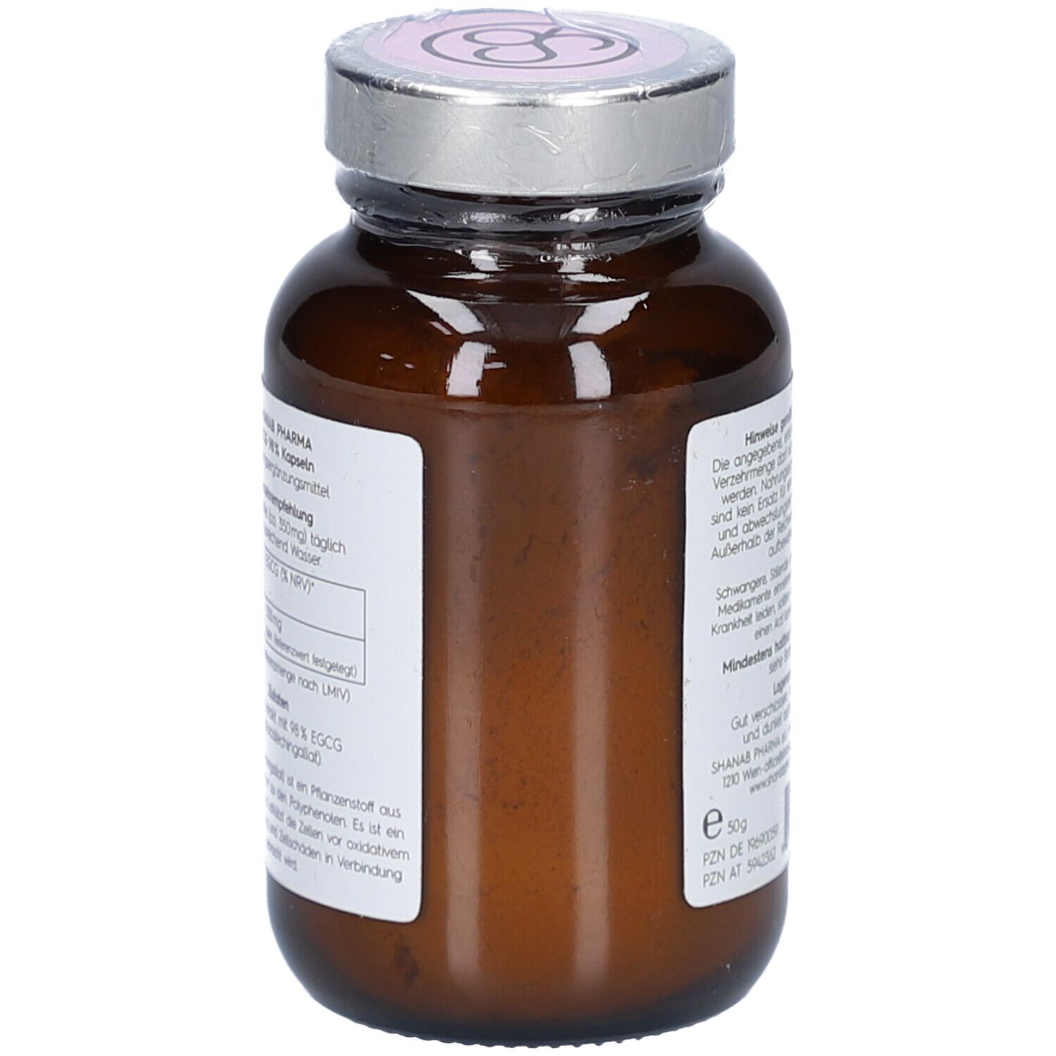 Braune Glasflasche mit silbernem Deckel. Rückseite mit Text und Logo: Shanab Pharma. Enthält Informationen.