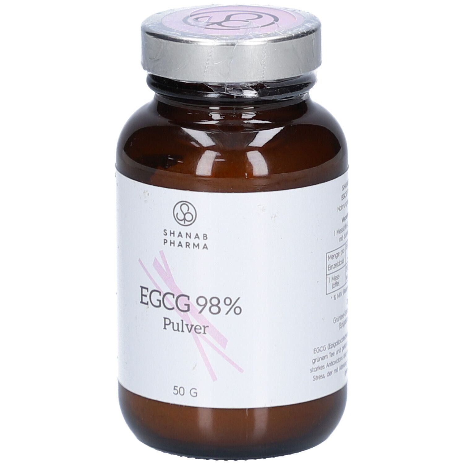 Braune Glasflasche mit silbernem Deckel. Aufschrift: EGCG 98% Pulver, 50 g. Logo: Shanab Pharma.