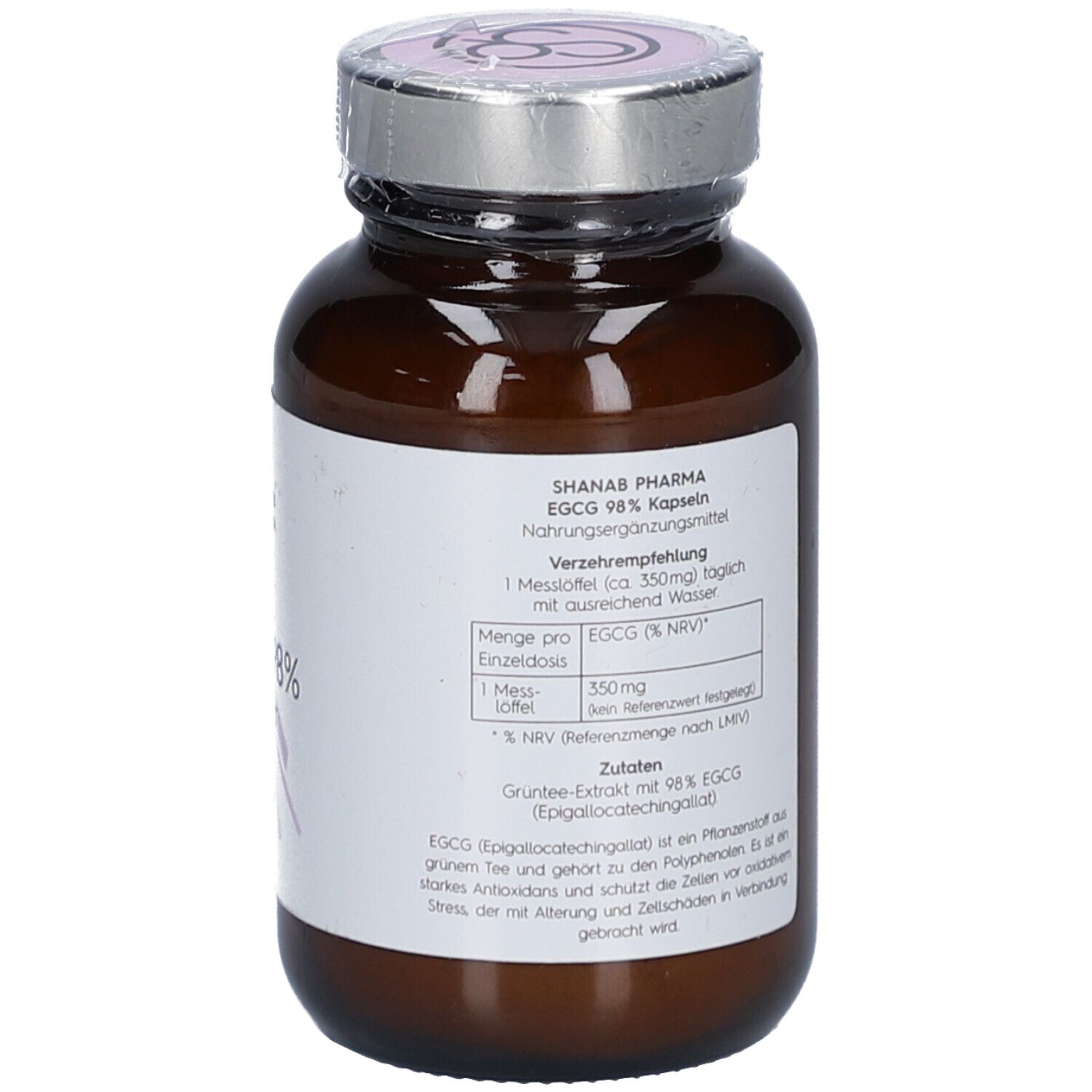 Braune Glasflasche mit silbernem Deckel. Aufschrift: EGCG 98% Kapseln. Logo: Shanab Pharma. Enthält Informationen.
