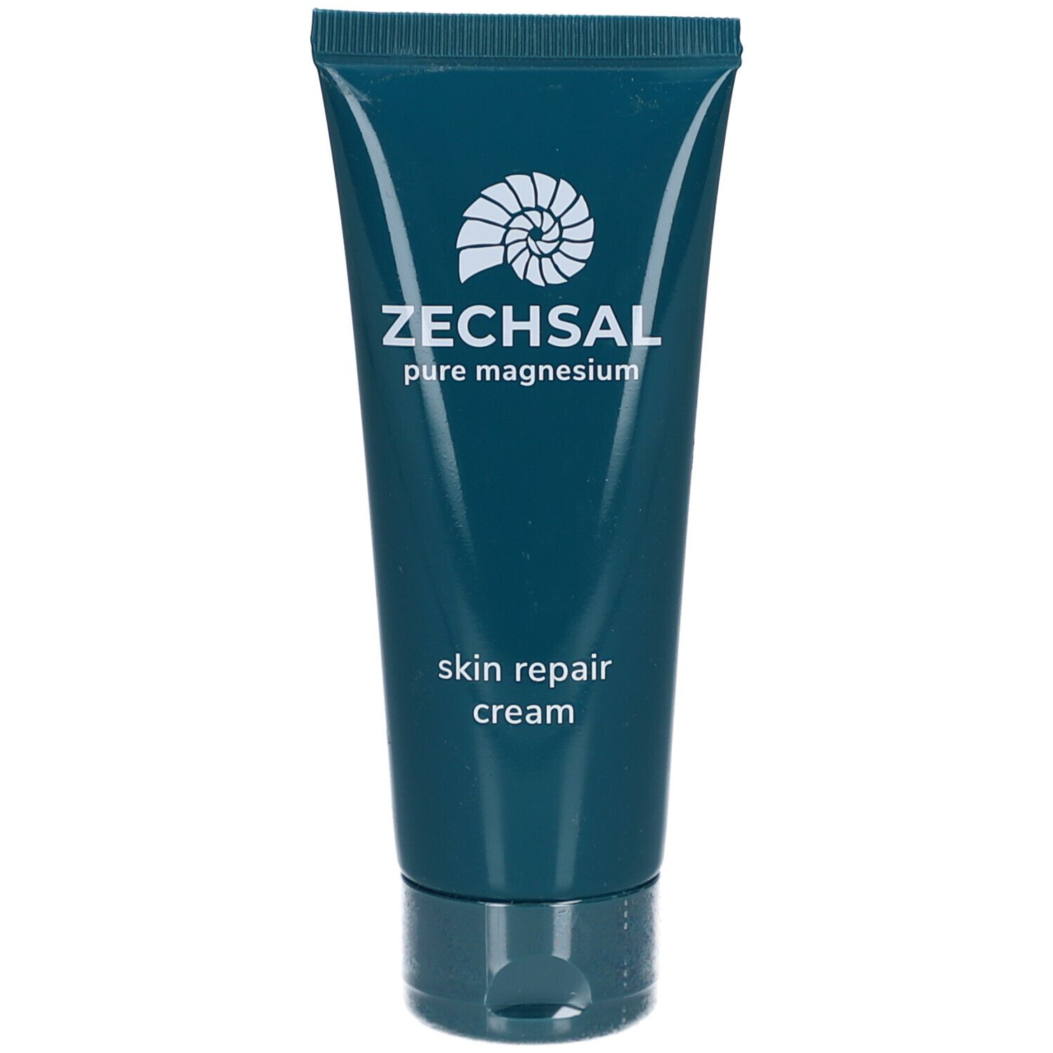 Dunkelblaue Tube mit weißem Logo und Schriftzug ZECHSAL. Darunter "pure magnesium" und "skin repair cream".