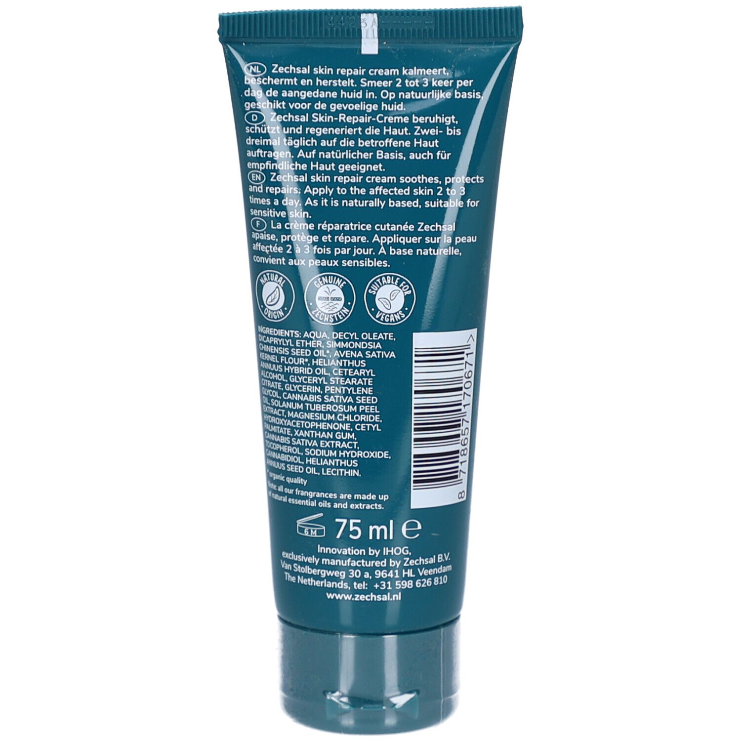 Rückseite der Tube. Text in mehreren Sprachen. Enthält Inhaltsstoffe und Zertifizierungen. Volumen: 75 ml.