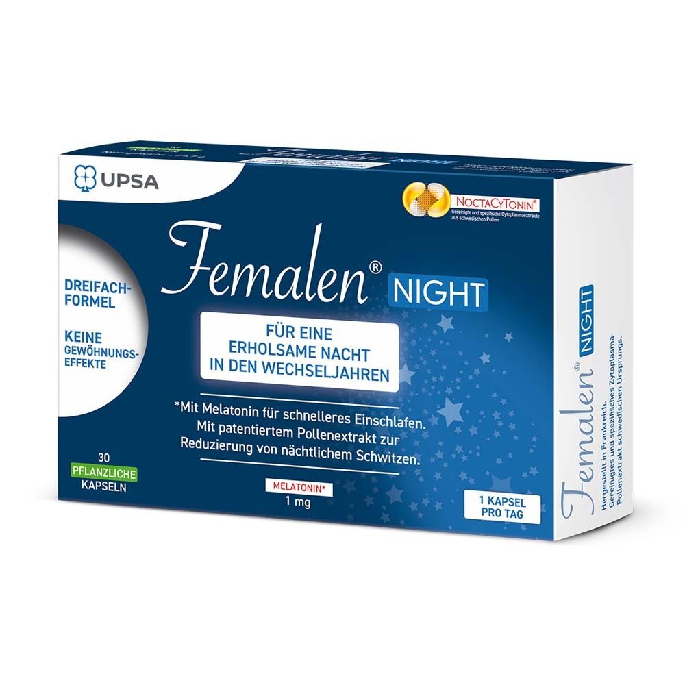 Femalen® NIGHT-Verpackung. Blaue Schachtel mit Produktnamen und Aufschrift „Für eine erholsame Nacht in den Wechseljahren“. 30 Kapseln.
