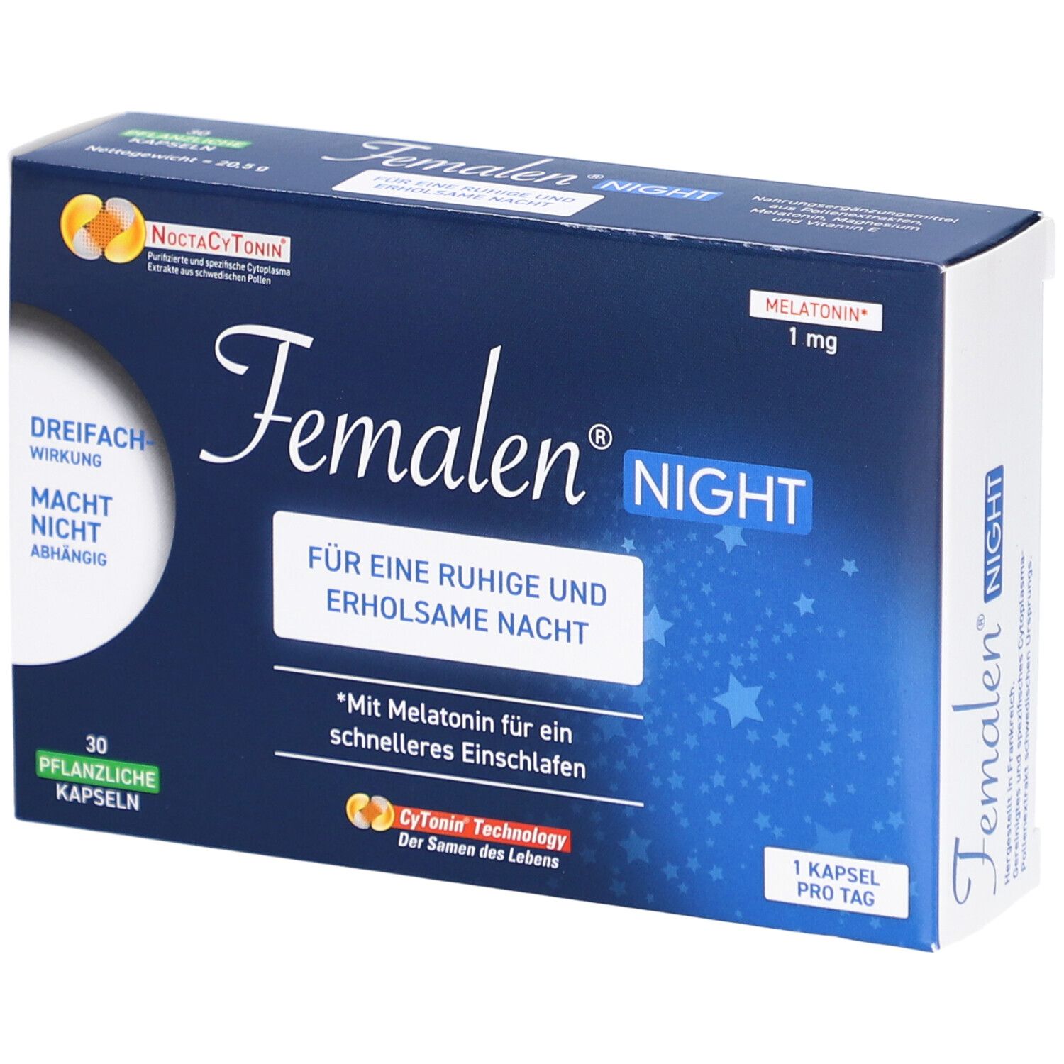 Femalen Night Kapseln. Blaue Schachtel mit Produktnamen und Zusatzinformationen. 30 Kapseln. Enthält Melatonin.