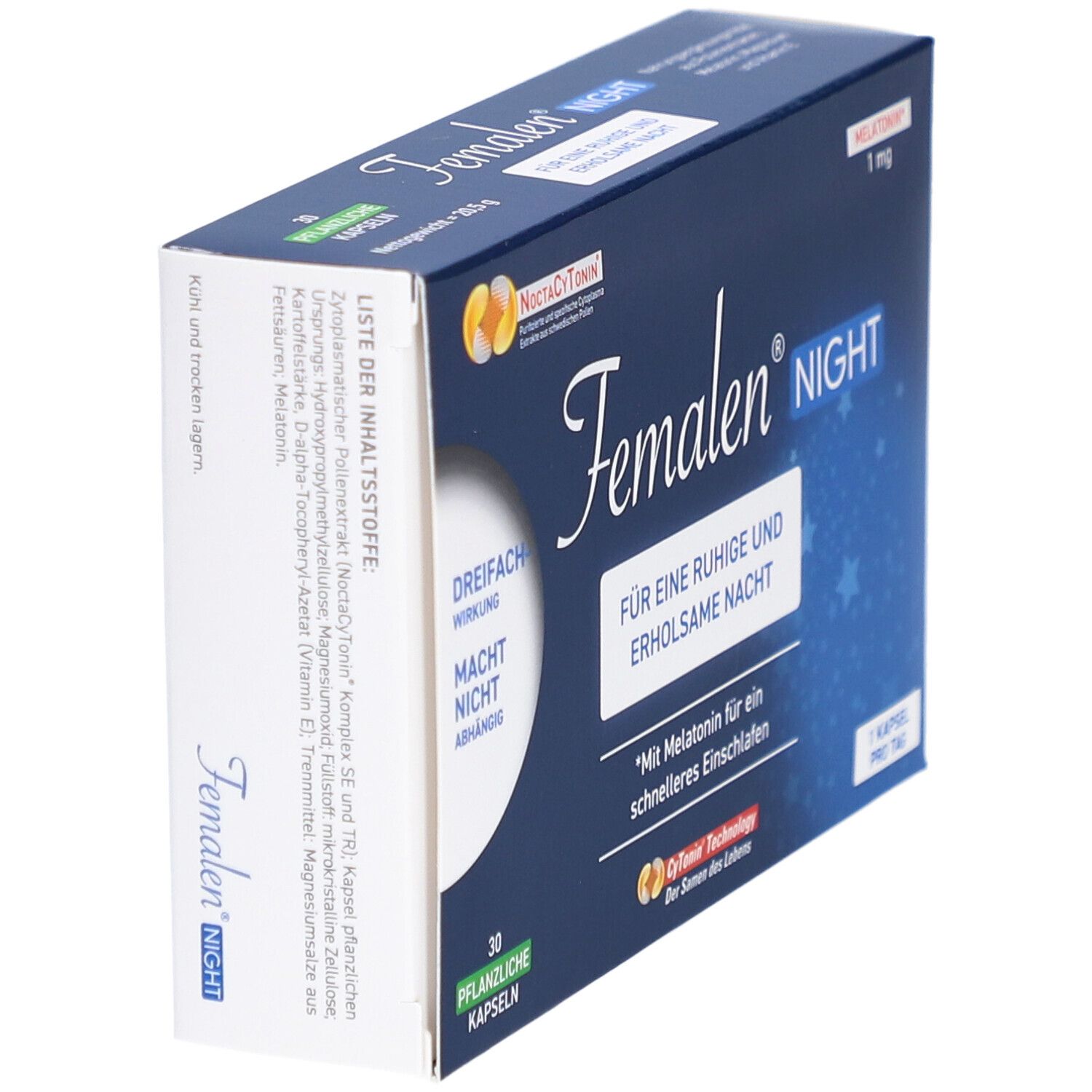 Femalen Night Schachtel, schräg. Produktname und Informationen. 30 Kapseln. Enthält Melatonin. Blaue Verpackung.