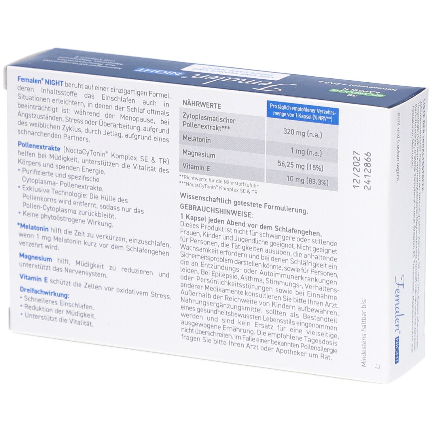 Rückseite der Femalen Night Schachtel. Produktinformationen, Inhaltsstoffe, Dosierung. Blaue Verpackung.
