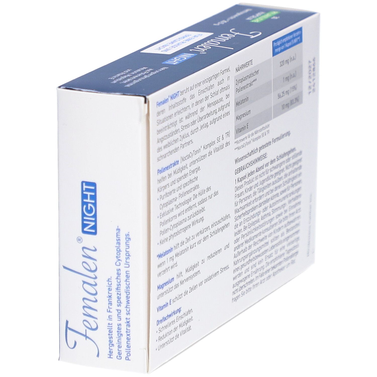 Femalen Night Schachtel, schräg. Produktinformationen, Inhaltsstoffe, Dosierung. Blaue Verpackung.