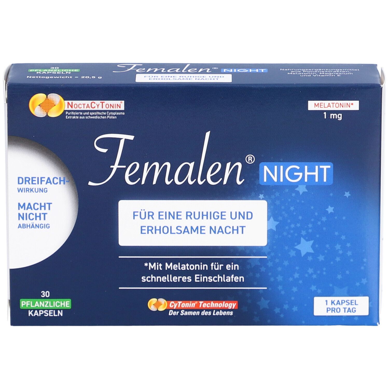 Femalen Night Kapseln. Blaue Schachtel mit Produktnamen und Zusatzinformationen. 30 Kapseln. Enthält Melatonin.