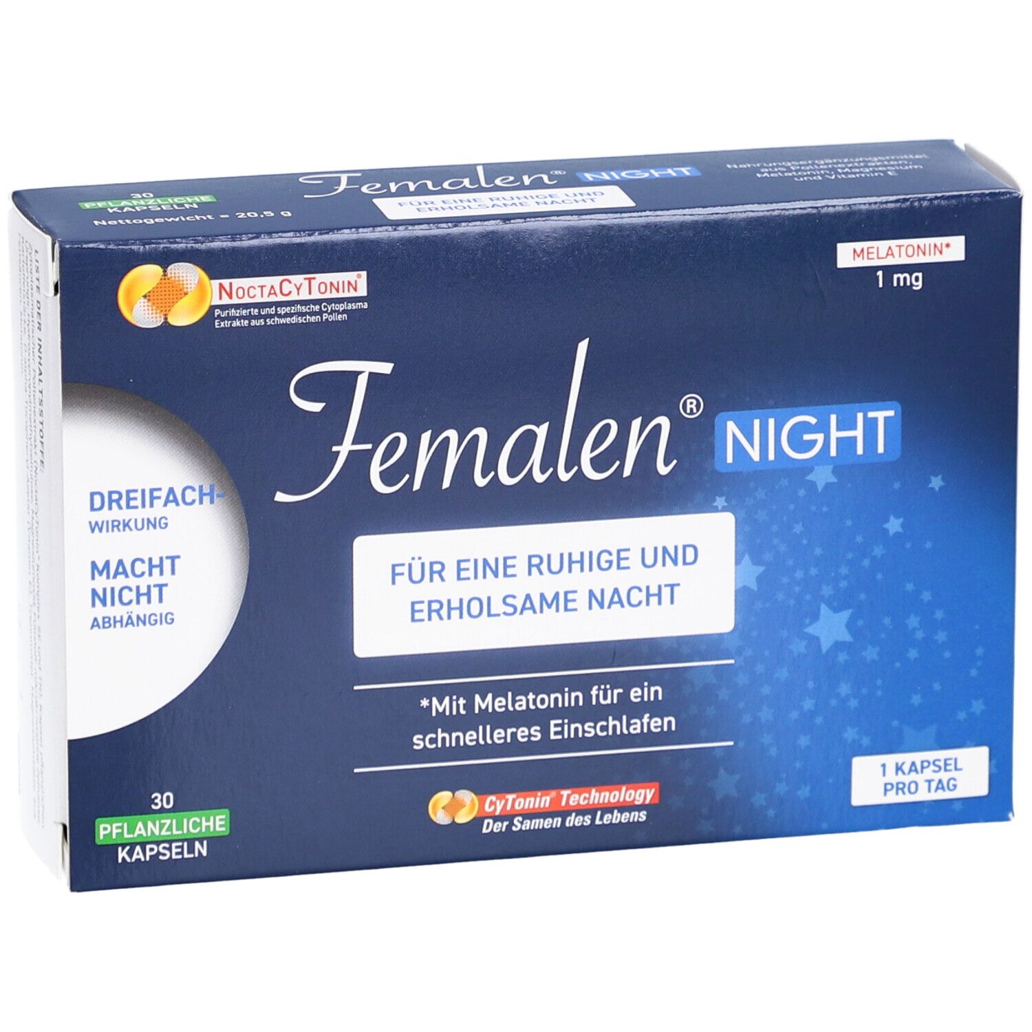 Femalen Night Kapseln. Blaue Schachtel mit Produktnamen und Zusatzinformationen. 30 Kapseln. Enthält Melatonin.