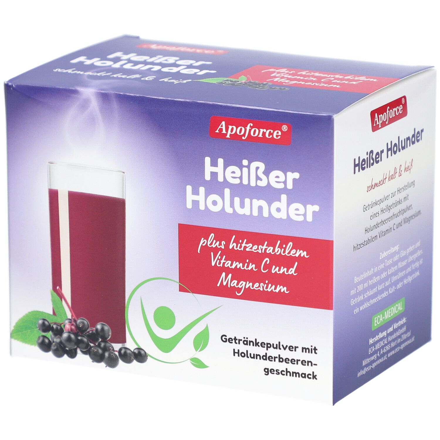Apoforce Heißer Holunder-Box. Enthält Getränkepulver mit Holunderbeerengeschmack, Vitamin C und Magnesium. Abbildung eines Getränks.