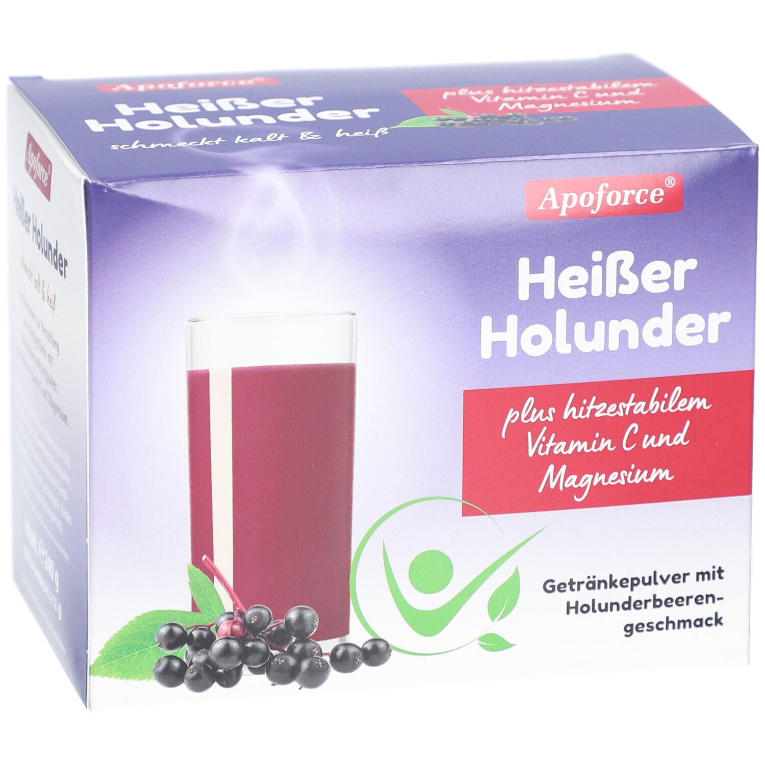 Apoforce Heißer Holunder-Box. Enthält Getränkepulver mit Holunderbeerengeschmack, Vitamin C und Magnesium. Abbildung eines Getränks.