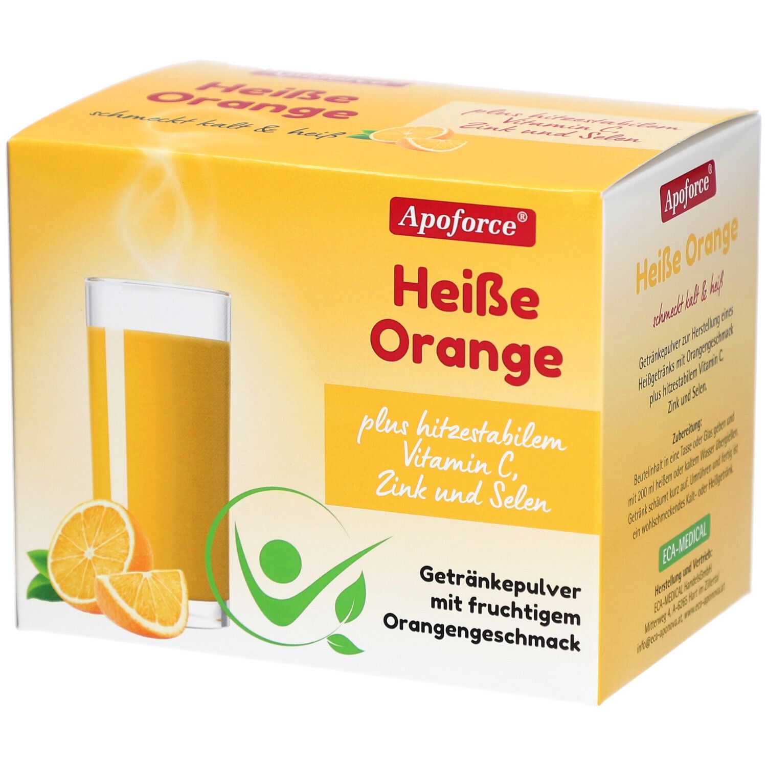 Gelbe Produktverpackung von Apoforce Heiße Orange. Abgebildet sind ein Glas Orangensaft und Orangenscheiben.