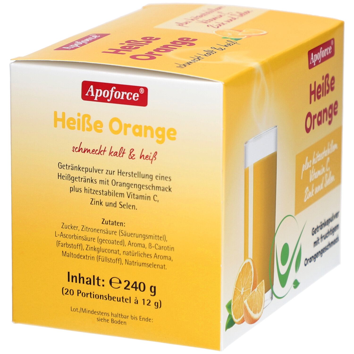 Gelbe Produktverpackung von Apoforce Heiße Orange. Die Verpackung zeigt ein Glas Orangensaft und Orangenscheiben.