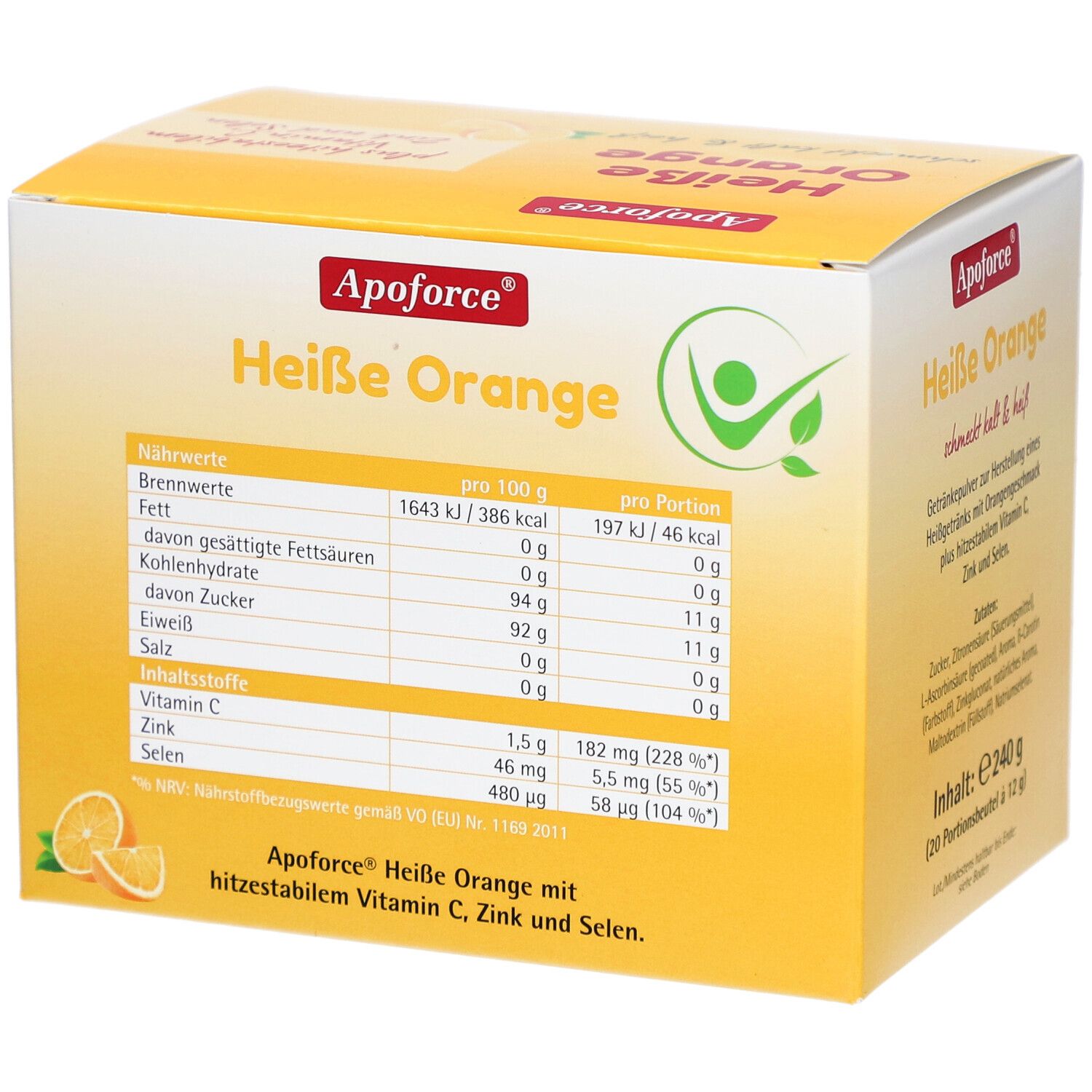 Gelbe Produktverpackung von Apoforce Heiße Orange. Auf der Verpackung sind Nährwertangaben und Inhaltsstoffe abgebildet.