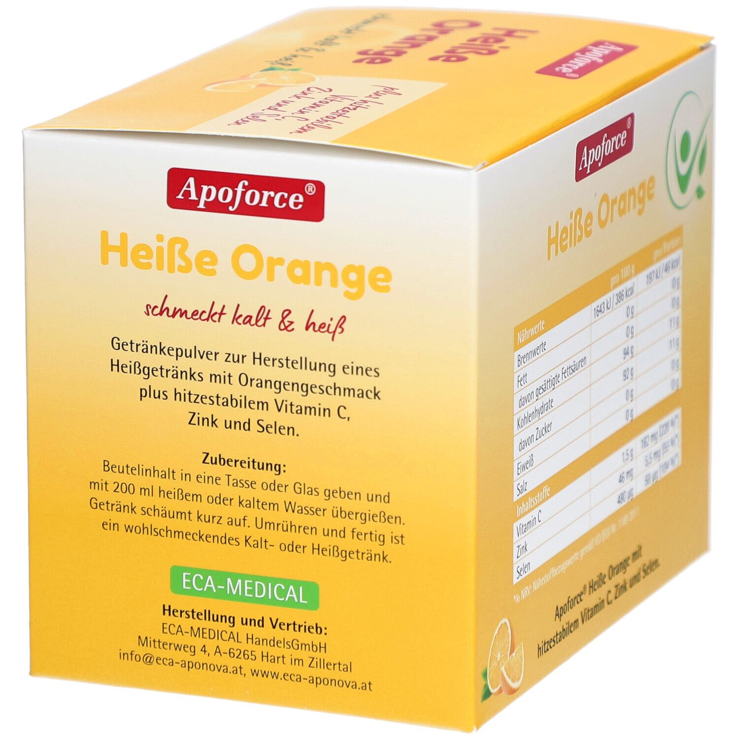 Gelbe Produktverpackung von Apoforce Heiße Orange. Die Verpackung zeigt Informationen zur Zubereitung.