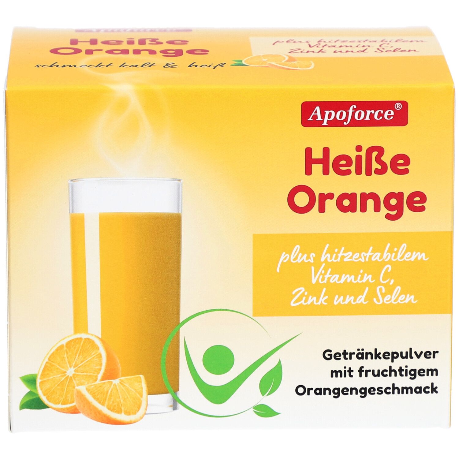 Gelbe Produktverpackung von Apoforce Heiße Orange. Abgebildet sind ein Glas Orangensaft und Orangenscheiben.