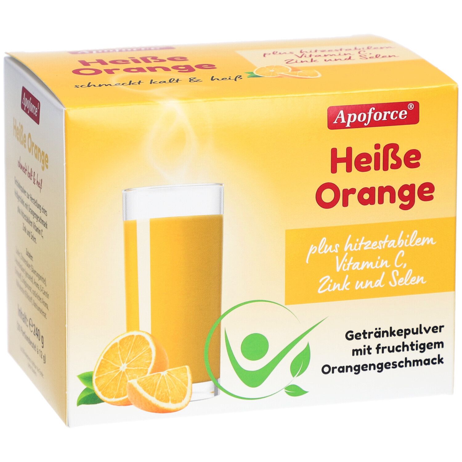 Gelbe Produktverpackung von Apoforce Heiße Orange. Abgebildet sind ein Glas Orangensaft und Orangenscheiben.