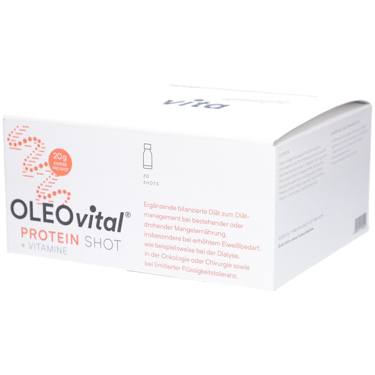 Weiße Verpackung mit OLEOVITAL PROTEIN SHOT + VITAMINE. Enthält 20g Eiweiß pro Shot. 30 Shots. Text in deutscher Sprache.