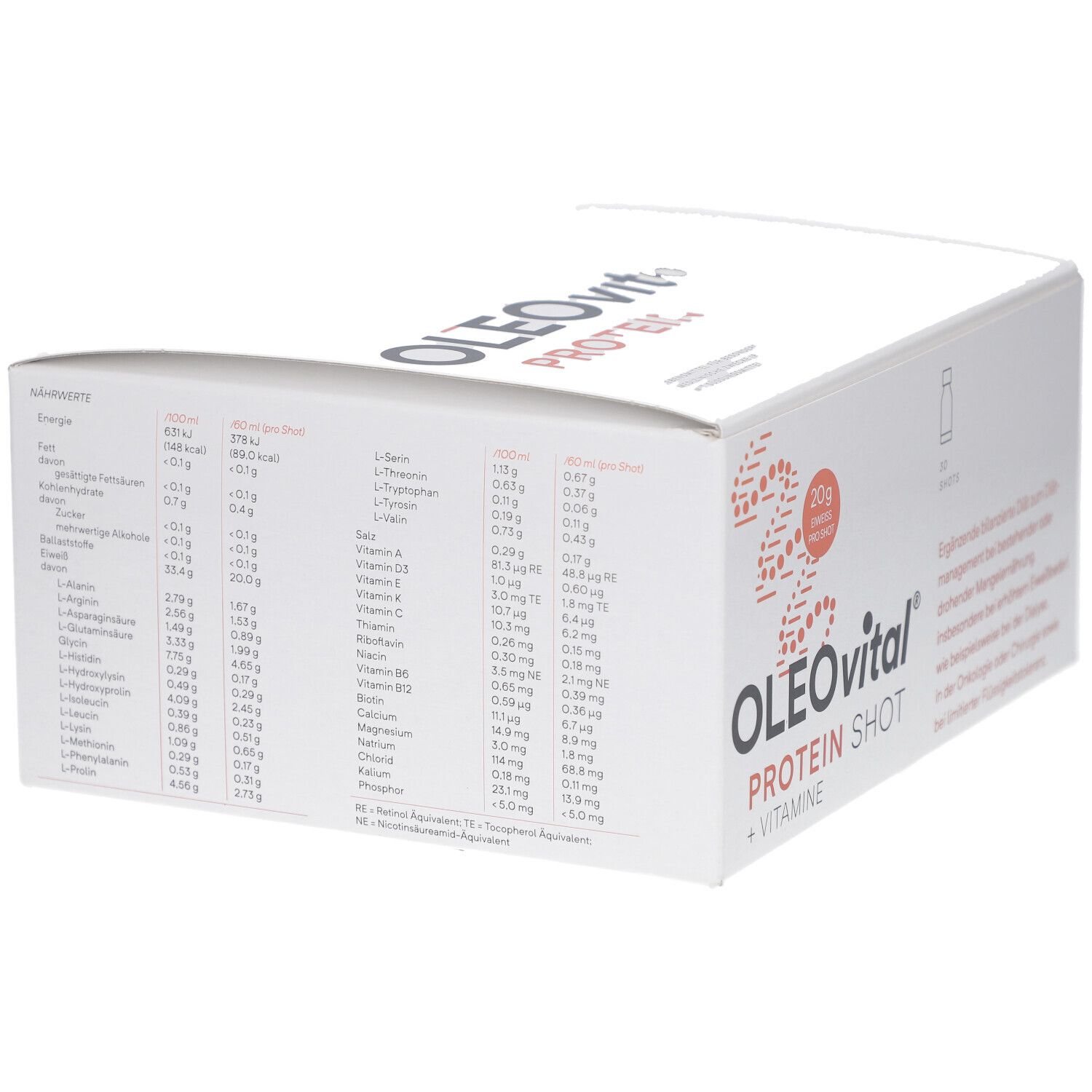 Weiße Verpackung mit OLEOVITAL PROTEIN SHOT + VITAMINE. Enthält Nährwertangaben. Text in deutscher Sprache.