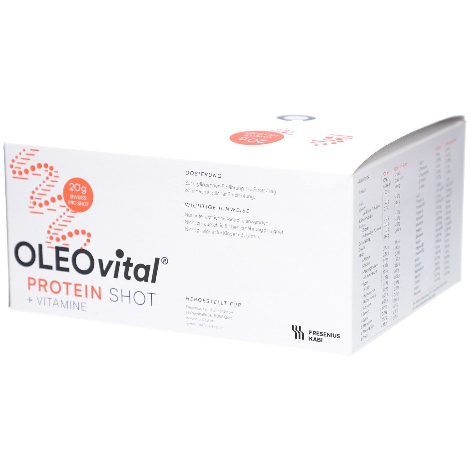 Weiße Verpackung mit OLEOVITAL PROTEIN SHOT + VITAMINE. Enthält Dosierungs- und Anwendungshinweise. Text in deutscher Sprache.