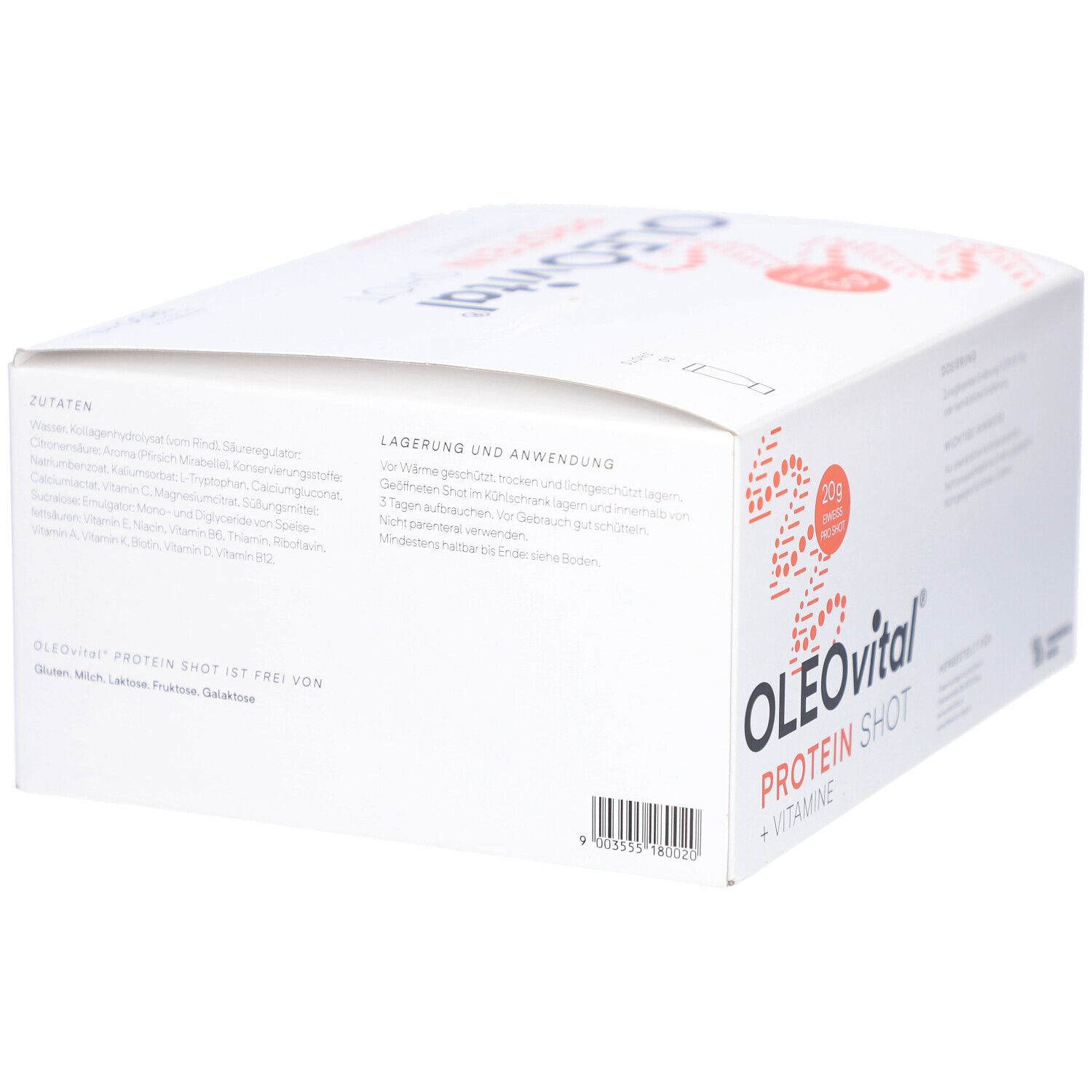 Weiße Verpackung mit OLEOVITAL PROTEIN SHOT + VITAMINE. Enthält Informationen zu Zutaten, Lagerung und Anwendung. Text in deutscher Sprache.