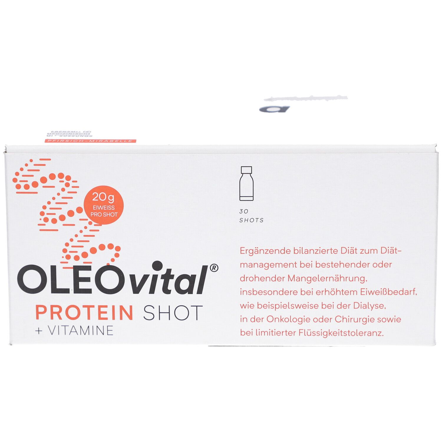 Weiße Verpackung mit OLEOVITAL PROTEIN SHOT + VITAMINE. Enthält 20g Eiweiß pro Shot. 30 Shots. Text in deutscher Sprache.