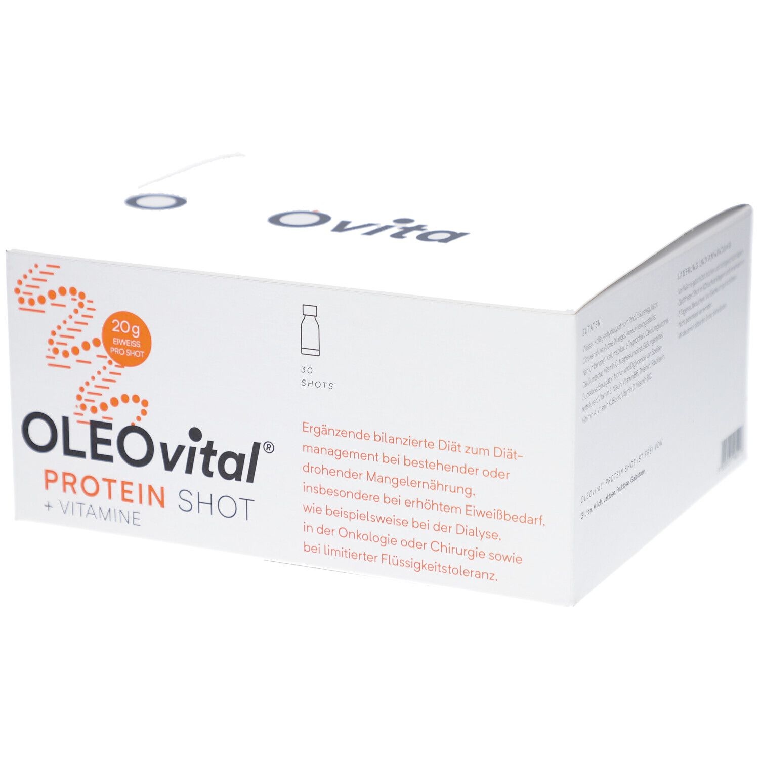 Weiße Verpackung mit OLEOVITAL PROTEIN SHOT + VITAMINE. Enthält 30 Shots. Text: Ergänzende bilanzierte Diät.