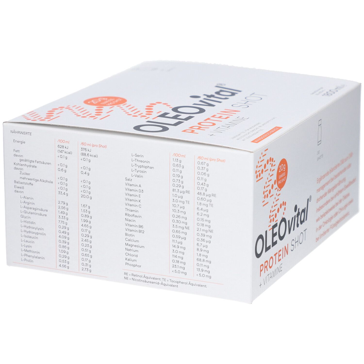 Weiße Verpackung mit OLEOVITAL PROTEIN SHOT + VITAMINE. Nährwertangaben und Inhaltsstoffe sind aufgedruckt.