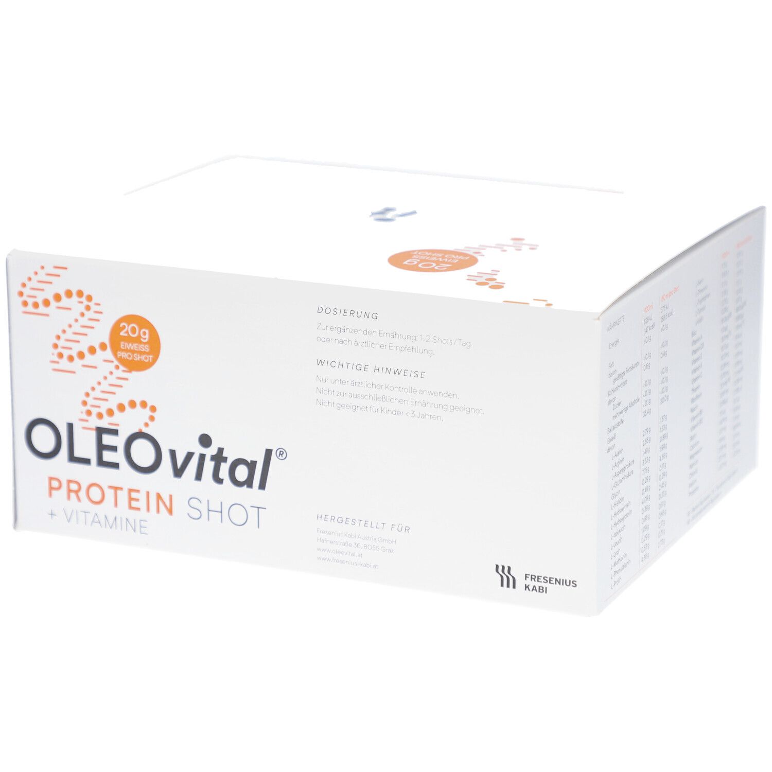 Weiße Verpackung mit OLEOVITAL PROTEIN SHOT + VITAMINE. Dosierungshinweise und wichtige Hinweise sind aufgedruckt.