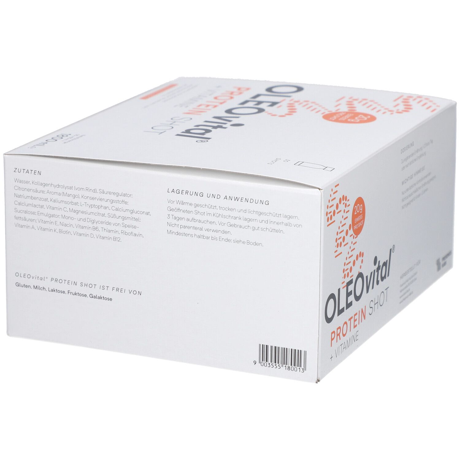 Weiße Verpackung mit OLEOVITAL PROTEIN SHOT + VITAMINE. Zutaten, Lagerungshinweise und Anwendung sind aufgedruckt.