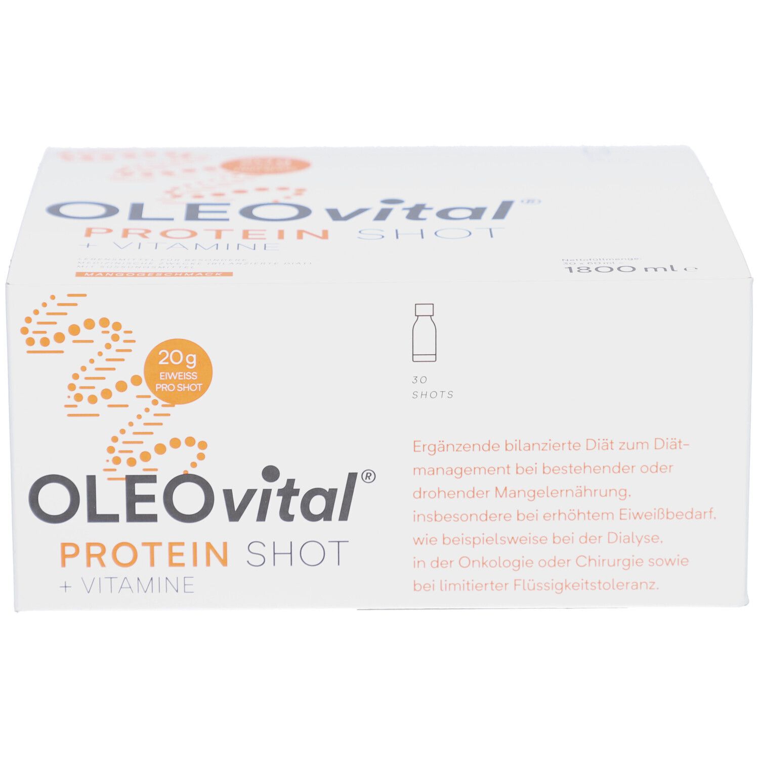 Weiße Verpackung mit OLEOVITAL PROTEIN SHOT + VITAMINE. Enthält 30 Shots. Text: Ergänzende bilanzierte Diät.