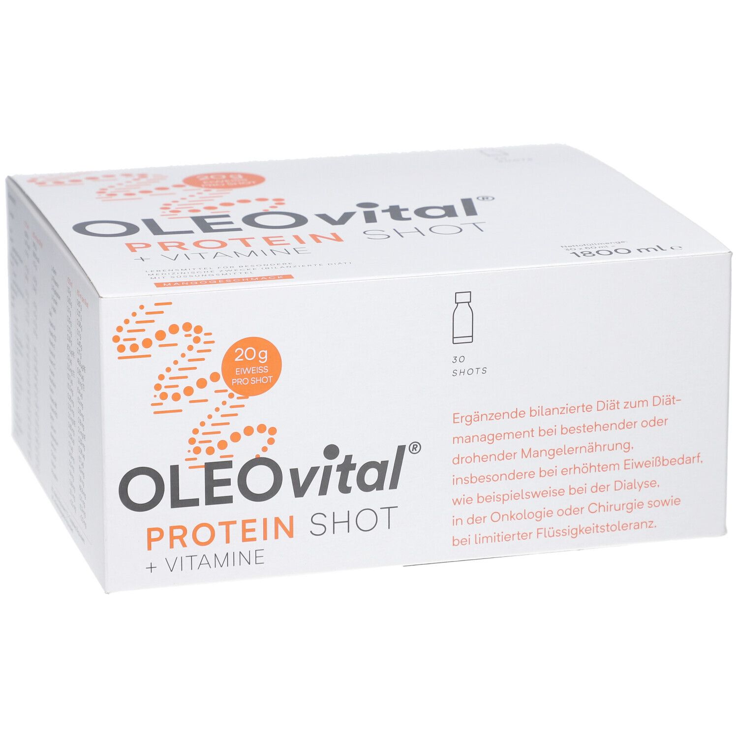 Weiße Verpackung mit OLEOVITAL PROTEIN SHOT + VITAMINE. Enthält 30 Shots. Text: Ergänzende bilanzierte Diät.