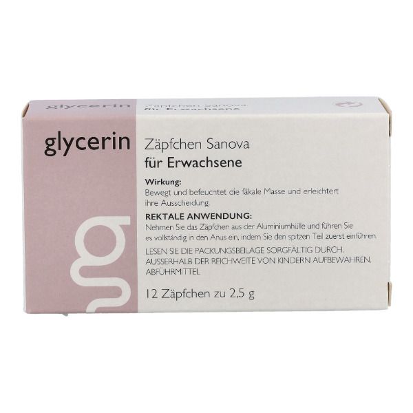 Karton mit SANOVA® Glycerin Zäpfchen für Erwachsene. 12 Zäpfchen. Text: Wirkung, rektale Anwendung.