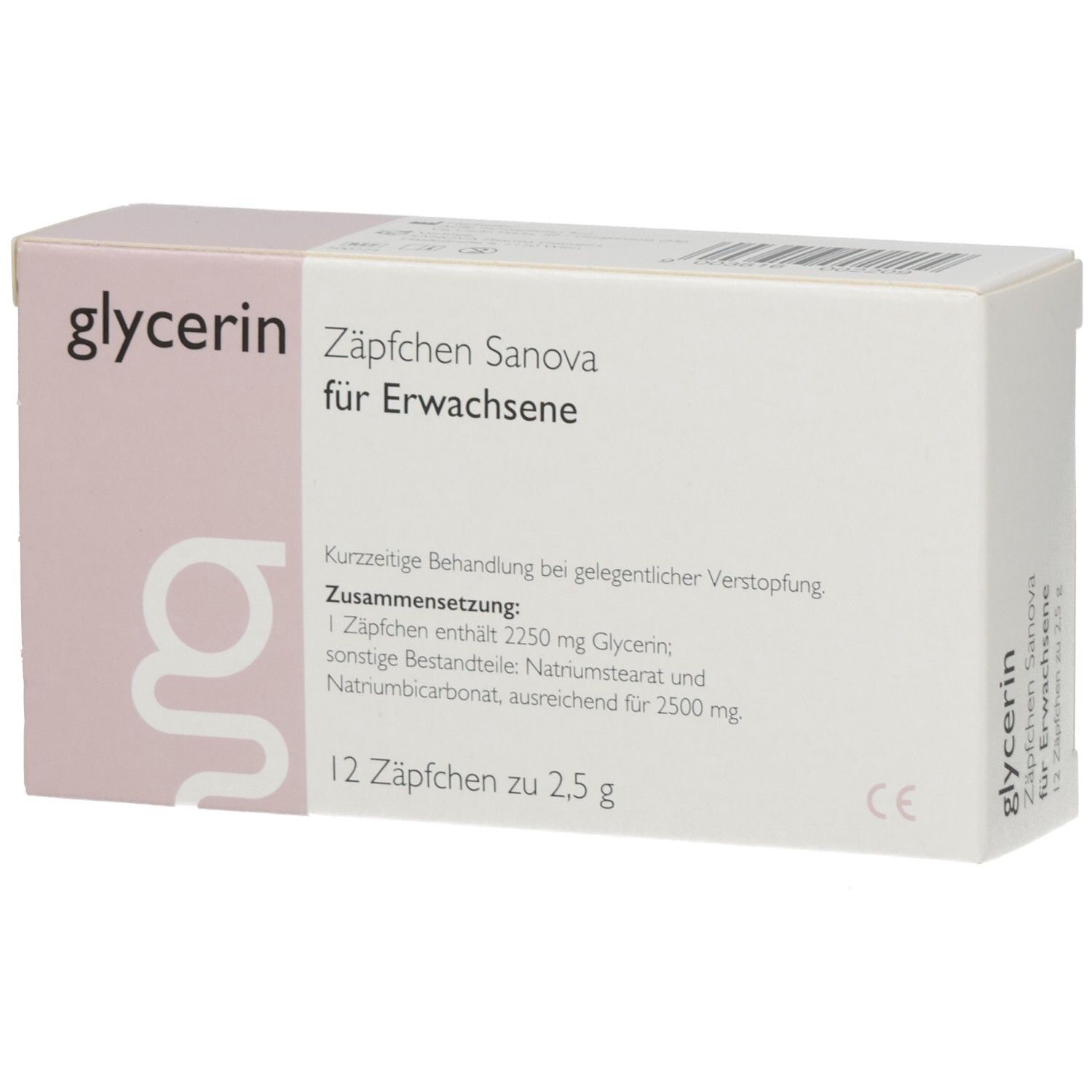 Schachtel mit SANOVA® Glycerin Zäpfchen für Erwachsene. 12 Zäpfchen. Rosa und weiße Verpackung. CE-Zeichen.