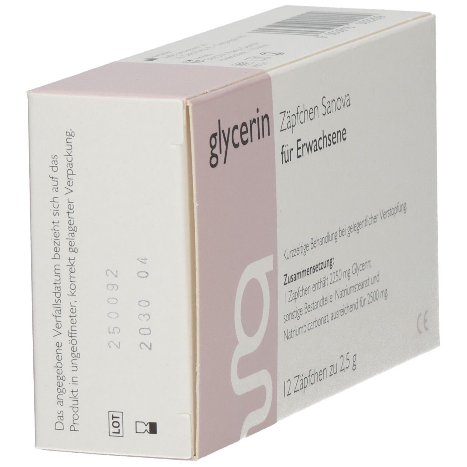 Seitenansicht der Schachtel mit SANOVA® Glycerin Zäpfchen für Erwachsene. Haltbarkeitsdatum und Chargennummer.