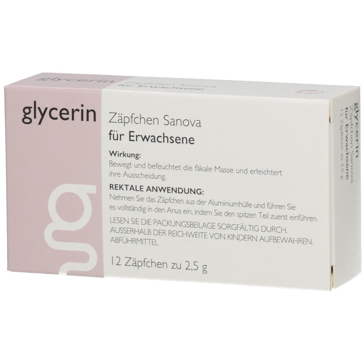 Schachtel mit SANOVA® Glycerin Zäpfchen für Erwachsene. Text über Wirkung und rektale Anwendung. 12 Zäpfchen.