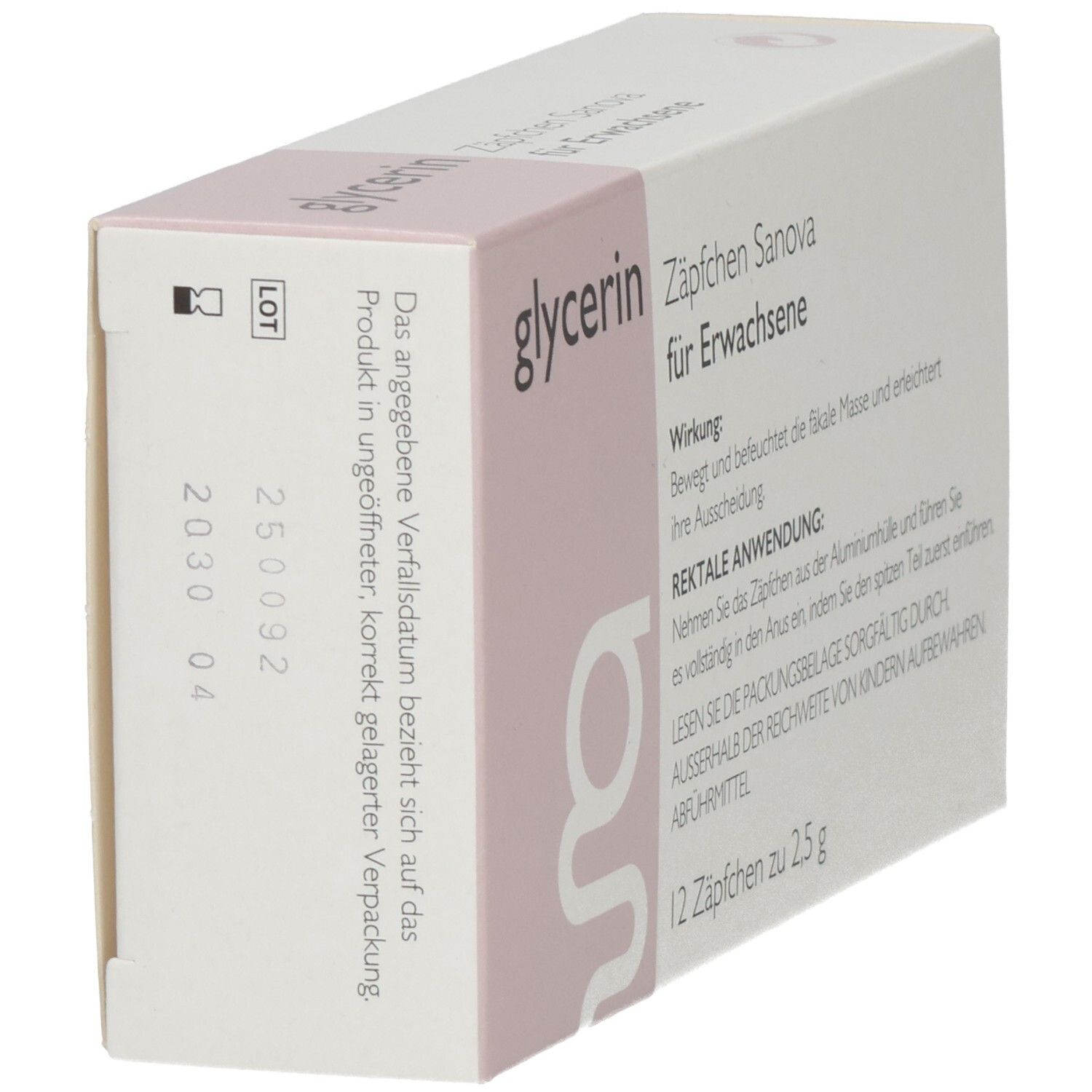 Seitenansicht der Schachtel mit SANOVA® Glycerin Zäpfchen für Erwachsene. Haltbarkeitsdatum und Chargennummer.