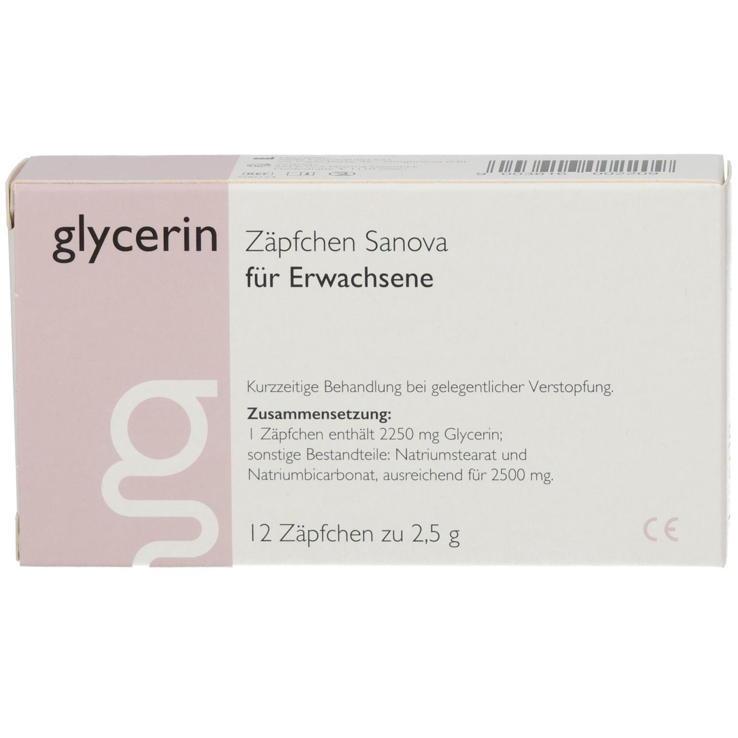 Schachtel mit SANOVA® Glycerin Zäpfchen für Erwachsene. 12 Zäpfchen. Rosa und weiße Verpackung. CE-Zeichen.