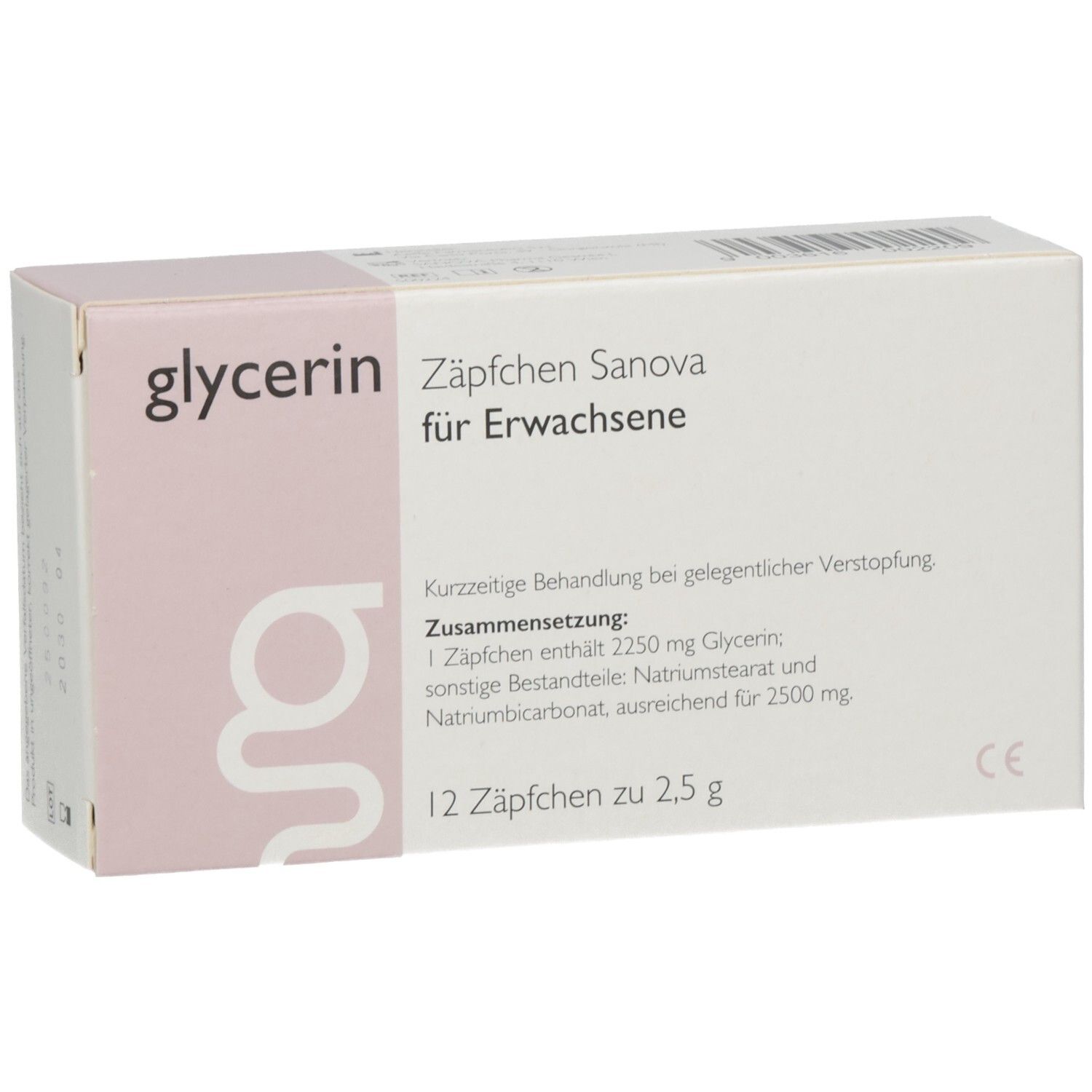 Schachtel mit SANOVA® Glycerin Zäpfchen für Erwachsene. 12 Zäpfchen. Rosa und weiße Verpackung. CE-Zeichen.